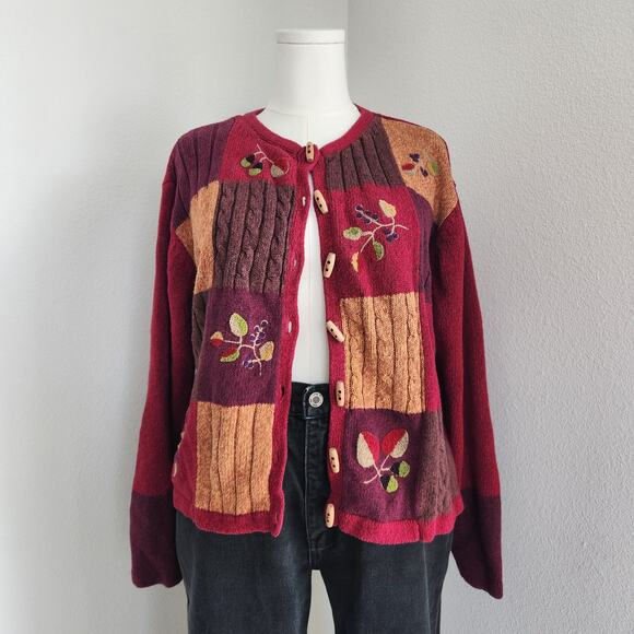 Vintage Erika Red Brown Fall Leaf Patchwork Knit Cardigan Sweater L/XL - Picture 1 of 11